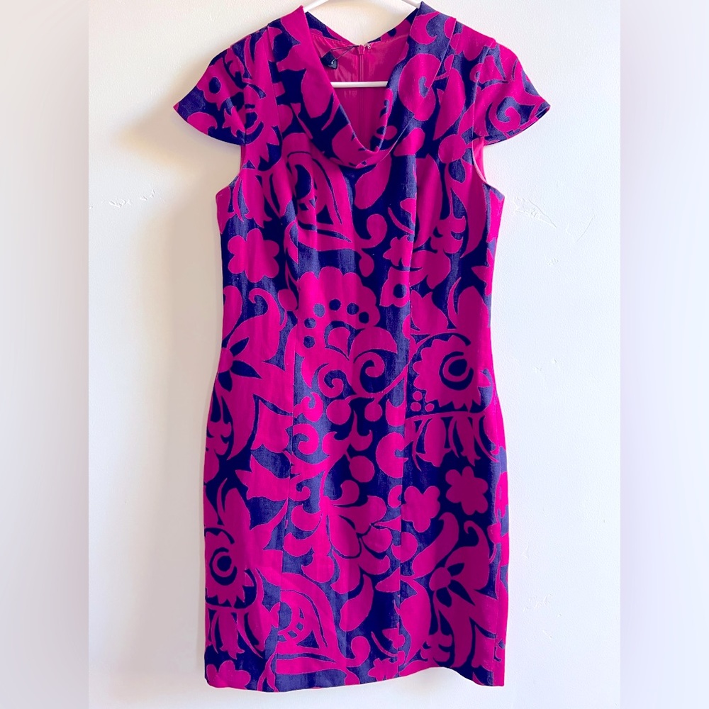Pink and Blue 100% Linen Sheath Mini Dress with Cowl Neck